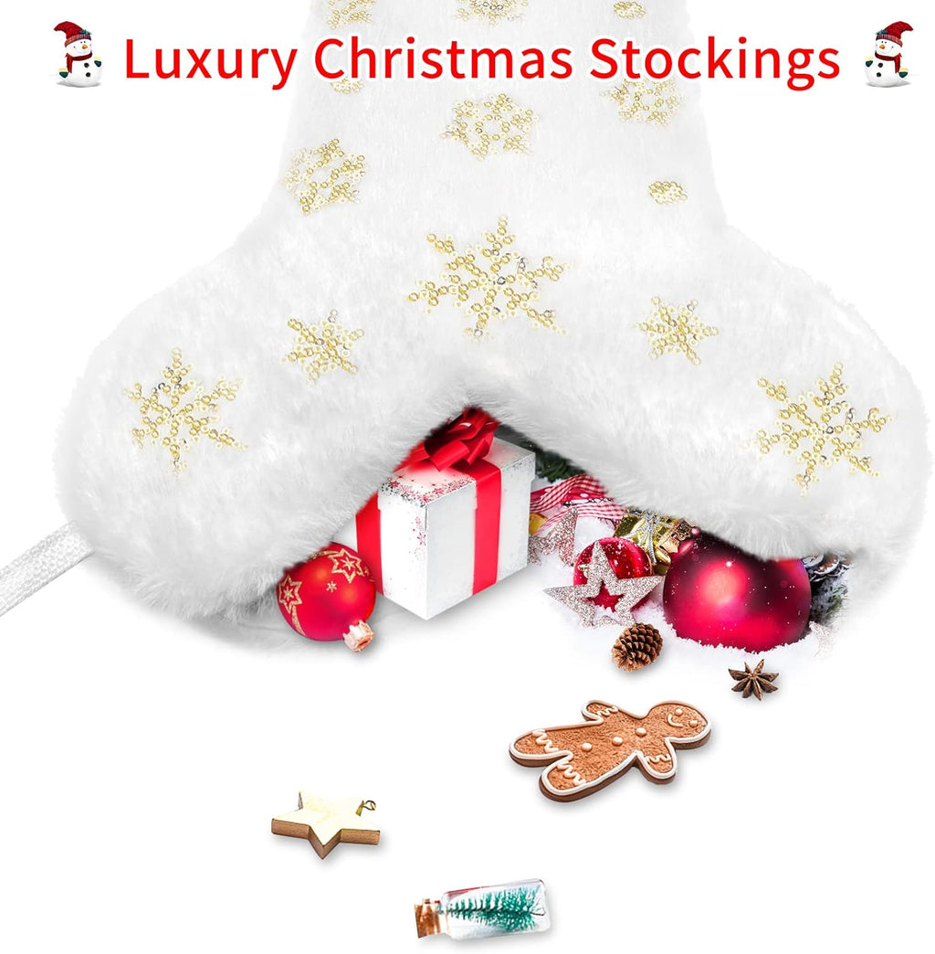 Pet Dog Christmas Stocking, Xmas Luxury Faux Fur Large Bone Shape Hanging with Silver & Gold Snowflakes Sequin Decorations Pets Christmas Stockings for Dogs Cats Pets (Gold Sequins)