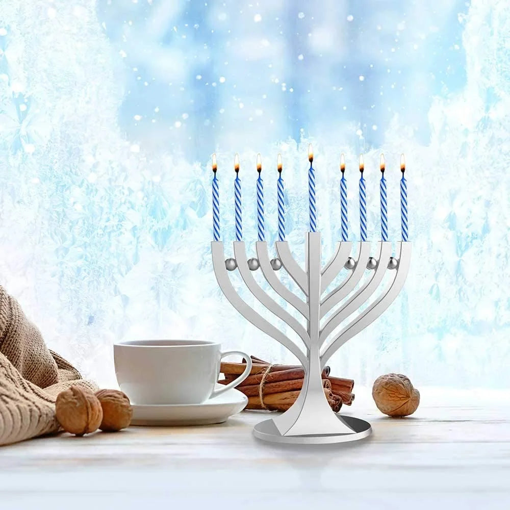 Mini Classic Menorah with Mini Birthday Size Hanukkah Candles - Satin Silver Small Travel Minorah with 44 Blue and White Spiral Chanukah Candles - on the Go Hanukkiah Cute Hanukkah Gift