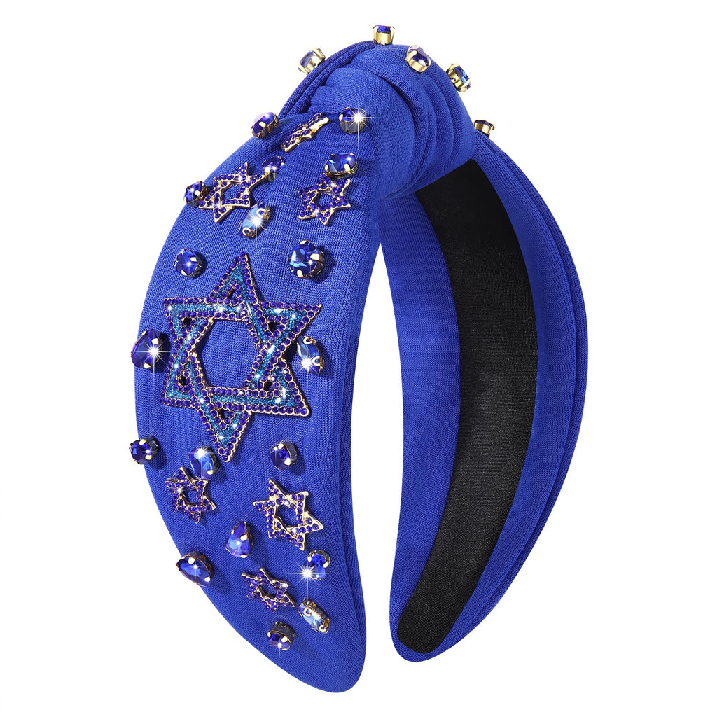 Hanukkah Headband for Women Cute Star Menorah Knotted Headband Blue Embellished Crystal Rhinestone Headbands Hanukkah Hair Accessories Holiday Jewelry Party Gifts (Style D)