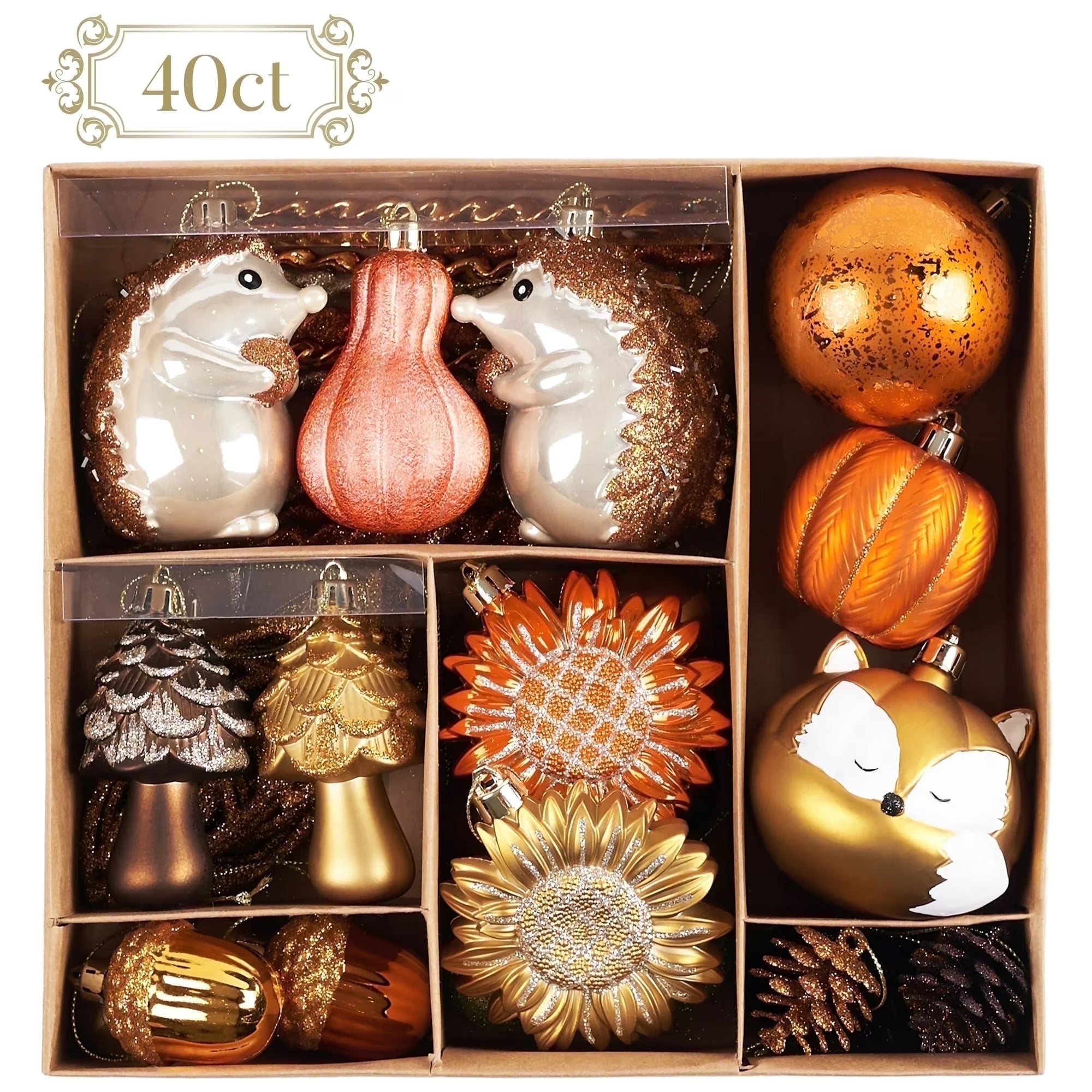 40Ct Shatterproof Fall Ornaments Orange Hanging Harvest Decor Thanksgiving Decorations with Hedgehogs Flowers for Harvest Holiday Party Gift