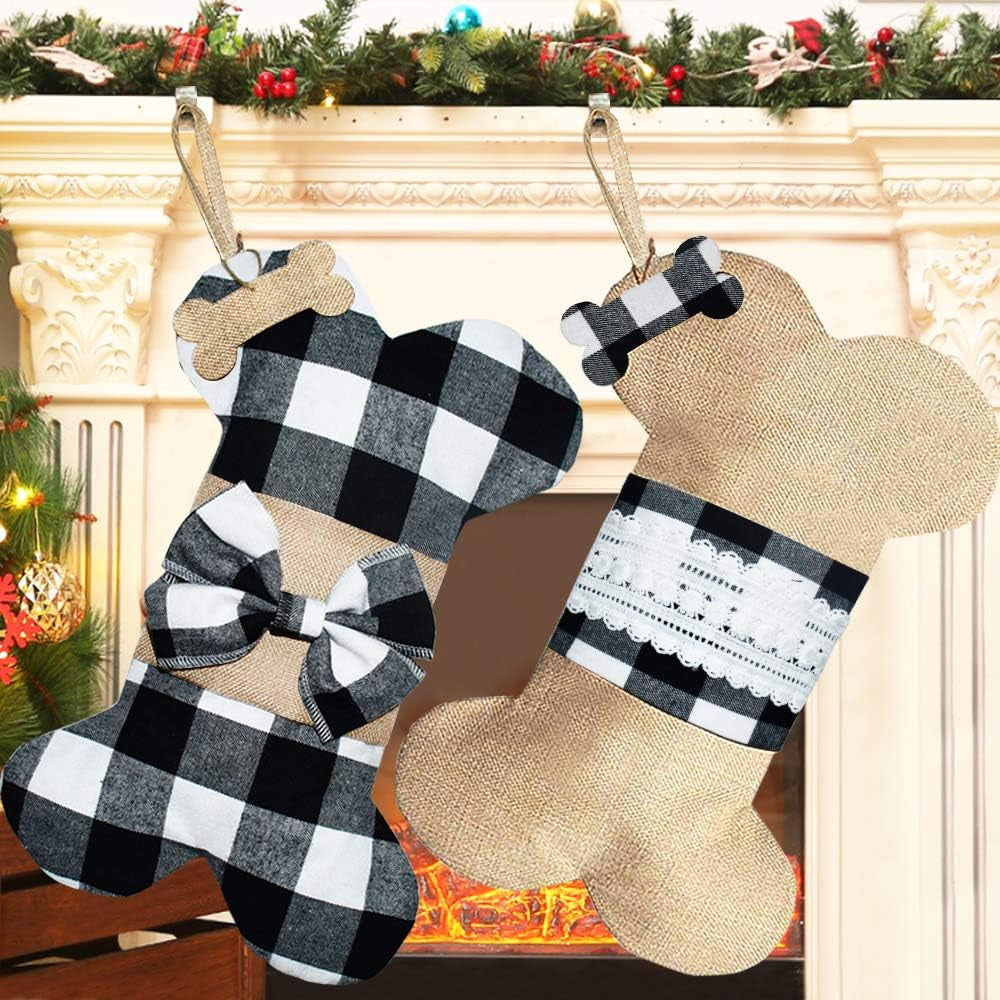 2 Pack Pet Dog Christmas Stockings Buffalo Black White Plaid Burlap Large Bone Shape Hanging Christmas Stocking for Dogs Pets