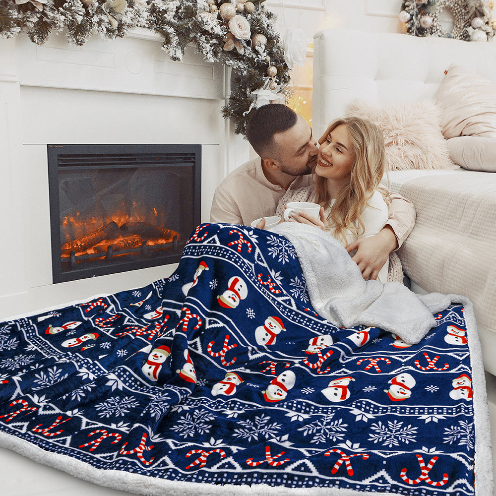 Christmas Blanket Holiday Theme Print Warm Sherpa Fleece Throw Sofa Couch Bed