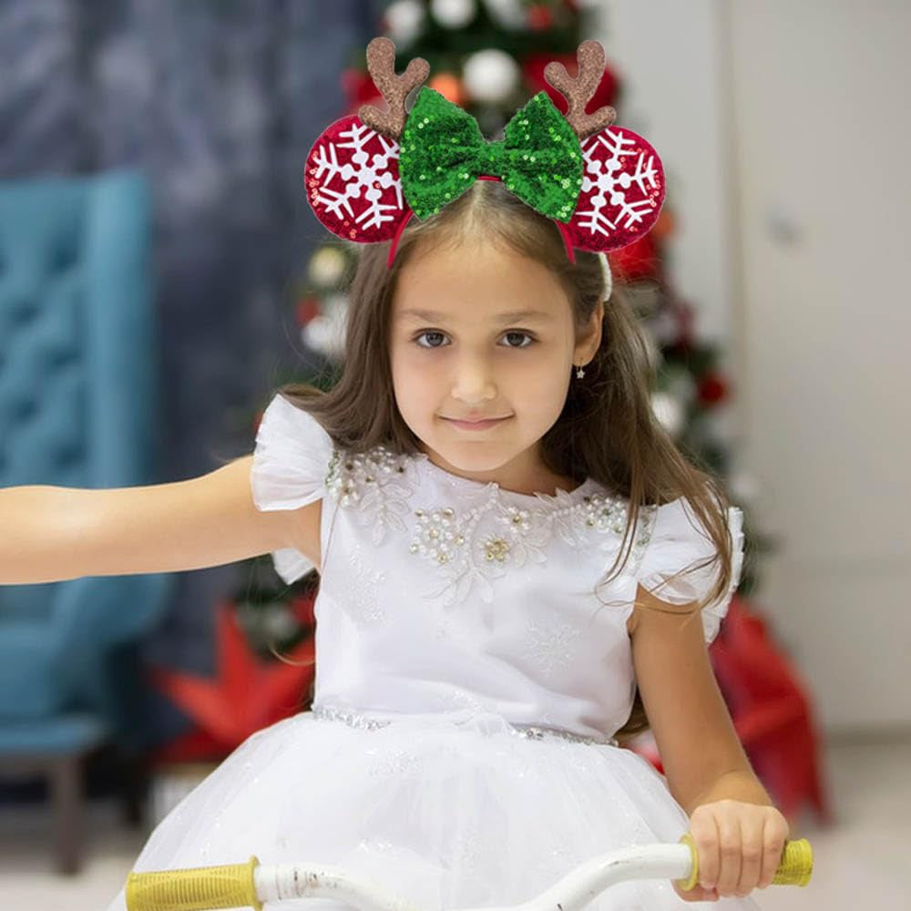 1 Pack Christmas Snowflake Headbands Mouse Ears Hairband Elk Antler Hair Hoop Green Red Glitter Sequins Bow Headband Hair Ornament for Christmas Cosplay Princess Dress up Party Hair Accessories