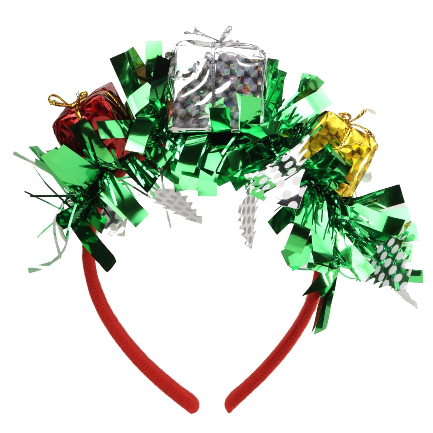 Tinsel Christmas Headband with Presents, Festive Hair Accessory for Women, One Size Fits Most, 6.25 X 7.25 Inches