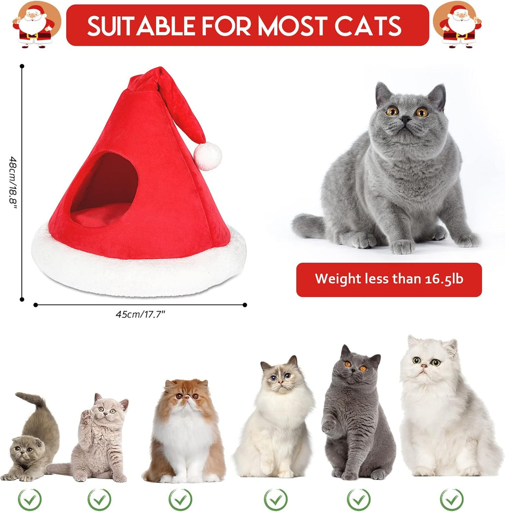 Cat Bed Christmas Hat Cat Tent House Self-Warming 2 in 1 Removable Comfortable Triangle Pet Teepee Xmas Dog Cave in Winter (Red)