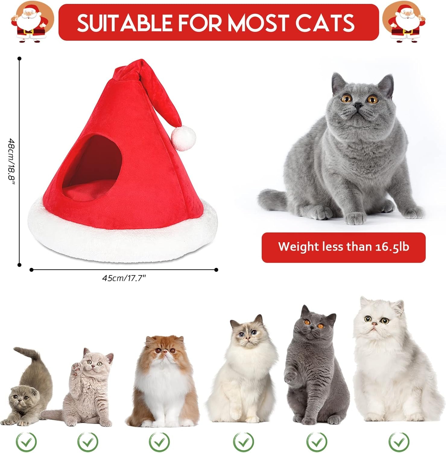 Cat Bed Christmas Hat Cat Tent House Self-Warming 2 in 1 Removable Comfortable Triangle Pet Teepee Xmas Dog Cave in Winter (Red)