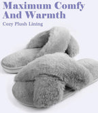 Womens Fuzzy Memory Foam Slippers Cross Band Cozy Plush Home Slippers Fluffy Furry Open Toe House Shoes Indoor Outdoor Slide Slipper