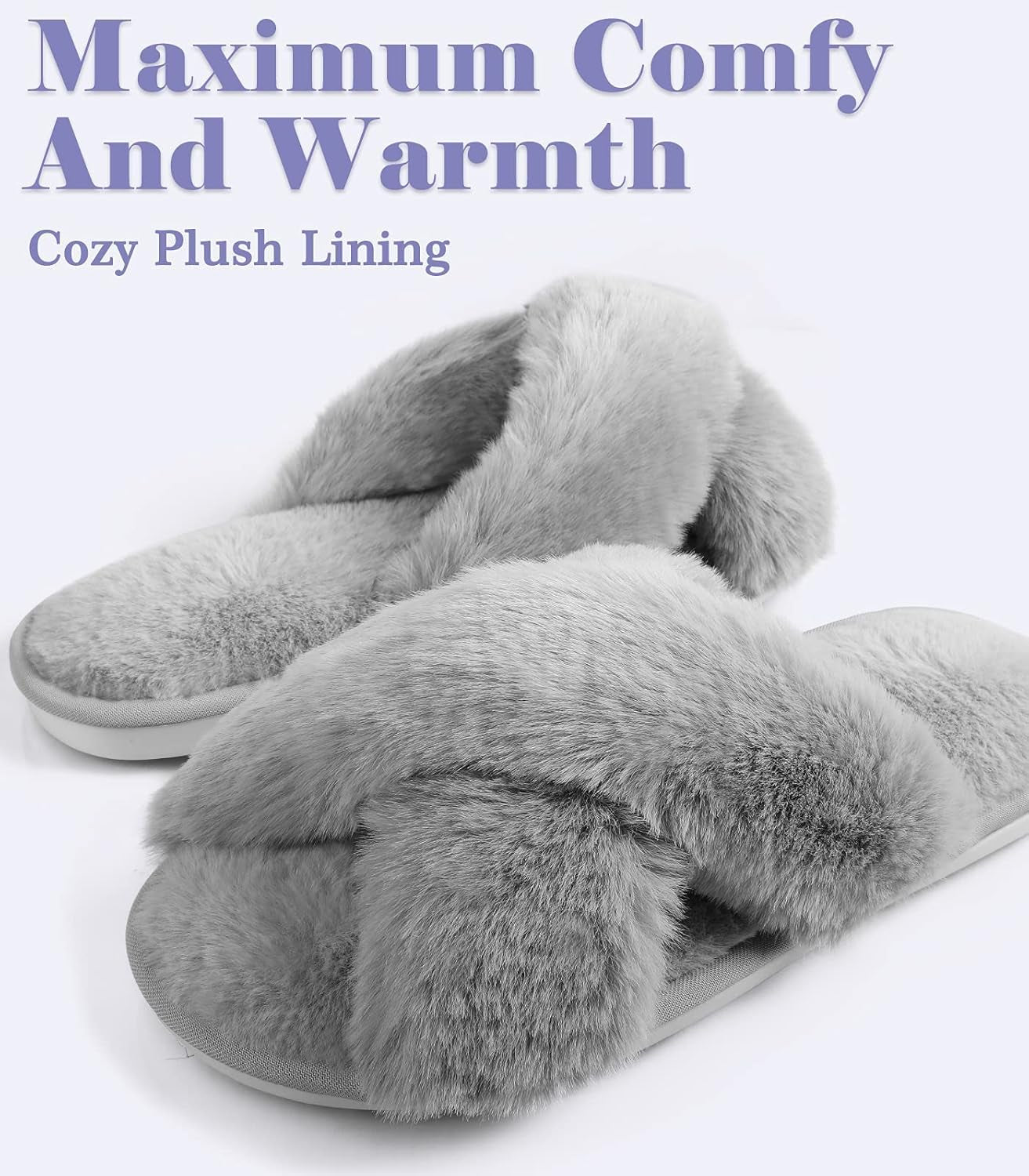 Womens Fuzzy Memory Foam Slippers Cross Band Cozy Plush Home Slippers Fluffy Furry Open Toe House Shoes Indoor Outdoor Slide Slipper