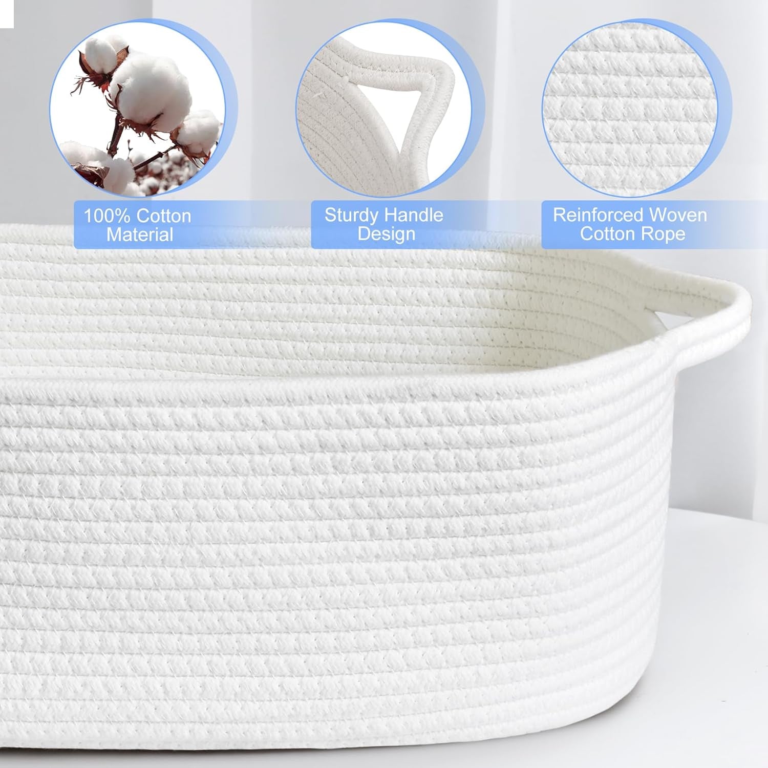Small Storage Basket with Handles, Cotton Rope Woven Dog Cat Toy Bin, Decorative Shelves Closet Organizing for Nursery Laundry Bedroom, 14.2''X 11''X 5.1''