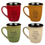Set of Four Rustic Stoneware Coffee/Tea Mugs W/Bible Verses Sage Green, Ivory, Paprika Red, Pumpkin Orange Inspirational Coffee/Tea Cup for Men and Women