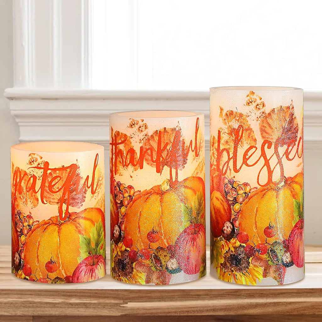 Pumpkin Flameless Candles with Remote Real Wax LED Candles - Home Party Christmas Botanical Fall Thanksgiving Decor - Set of 3