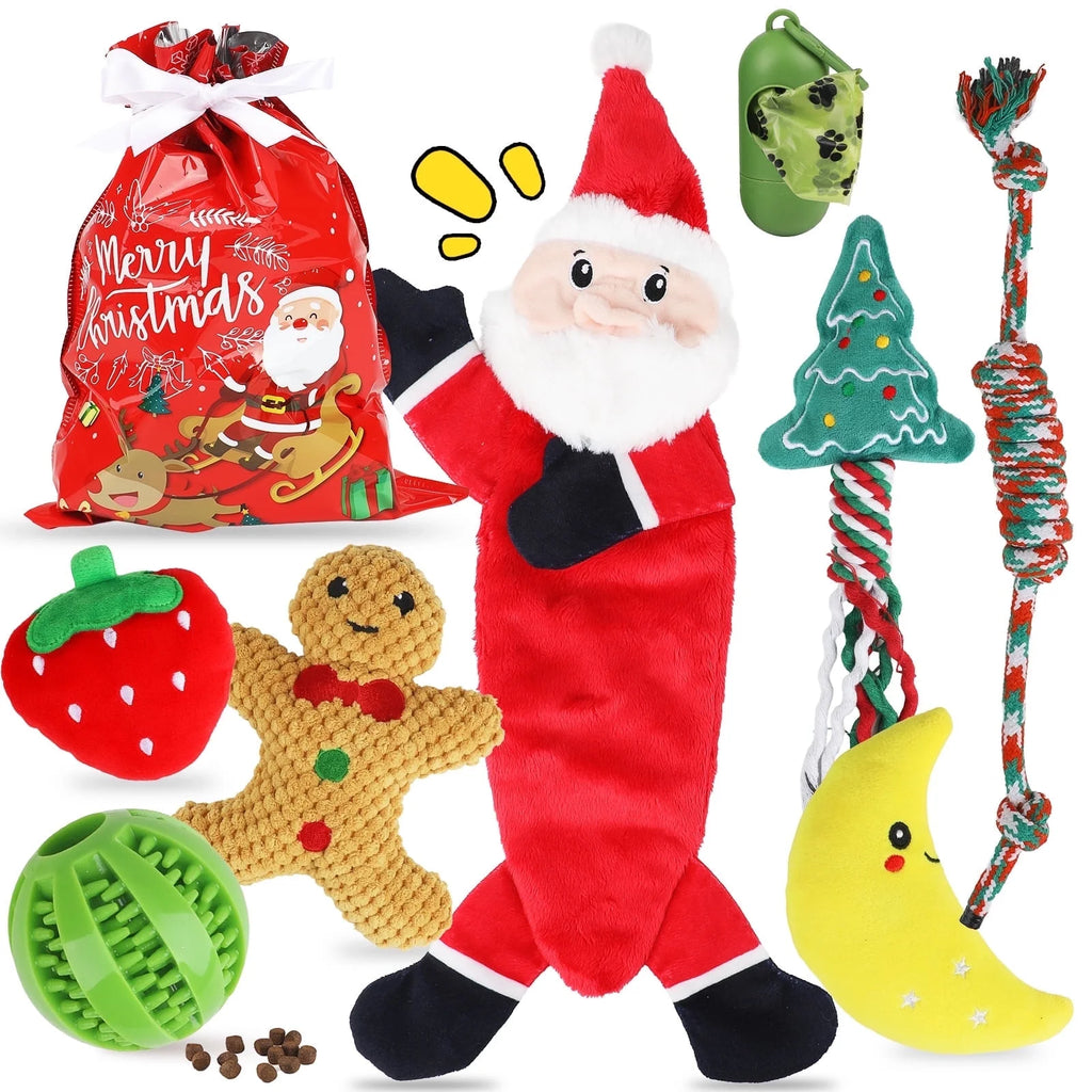 Christmas Dog Toys, Puppy Chew Toy for Teething and Training with Gift Bag, Tough Xmas Gift Plush Squeaky Toy for Small Dogs