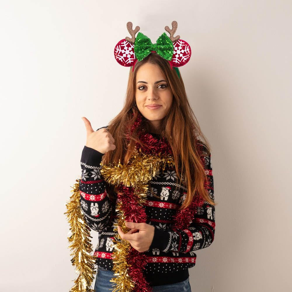 1 Pack Christmas Snowflake Headbands Mouse Ears Hairband Elk Antler Hair Hoop Green Red Glitter Sequins Bow Headband Hair Ornament for Christmas Cosplay Princess Dress up Party Hair Accessories