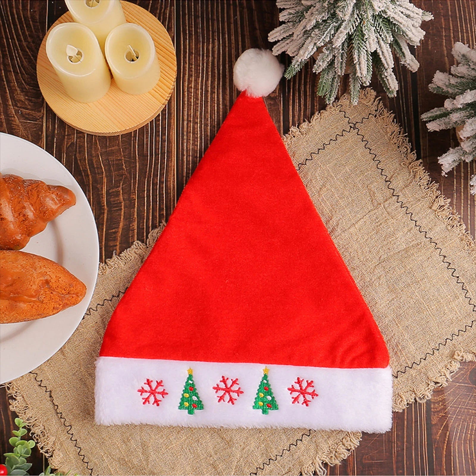 Santa Hat, Red Velvet Christmas Hat Adult, Santa Hat for Women and Men, Thicken Embroidered Xmas Hat for New Year Holiday Party
