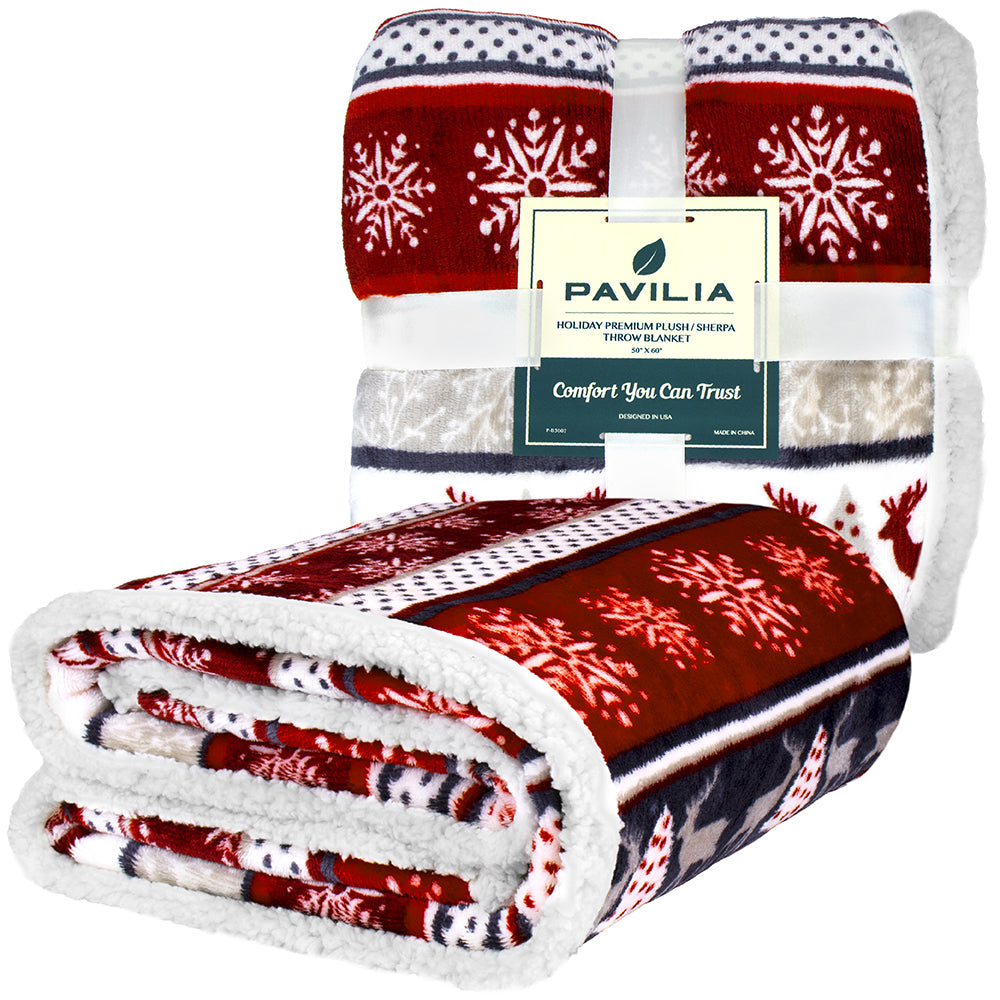 Christmas Blanket Holiday Theme Print Warm Sherpa Fleece Throw Sofa Couch Bed