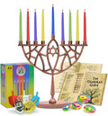 Menorahs for Chanukah, Complete Set - Hanukkah Menorah, Hanukkah Candles, Dreidels, Play Coins, Guide, Copper