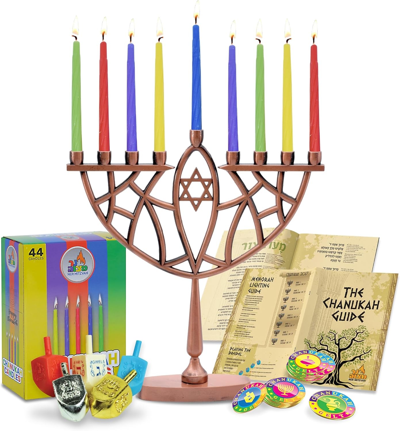 Menorahs for Chanukah, Complete Set - Hanukkah Menorah, Hanukkah Candles, Dreidels, Play Coins, Guide, Copper