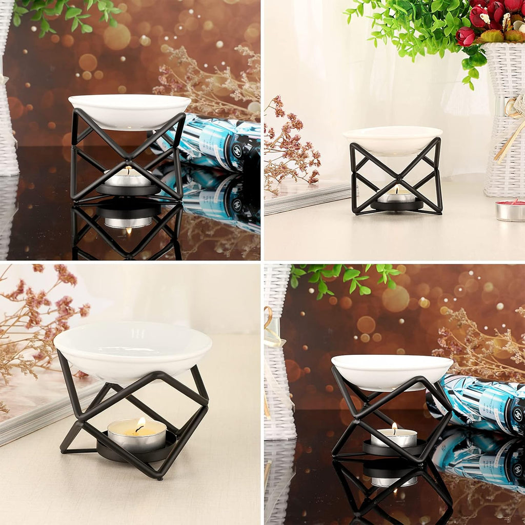 Euro Metal Oil Burner Wax Warmer, Delicate Romantic Ceramic Tealight Candle Holder Oil Burner, Fragrance Warmer Aromatherapy Wax Candle Tart Burner Warmer Diffuser for Home Bedroom Décor