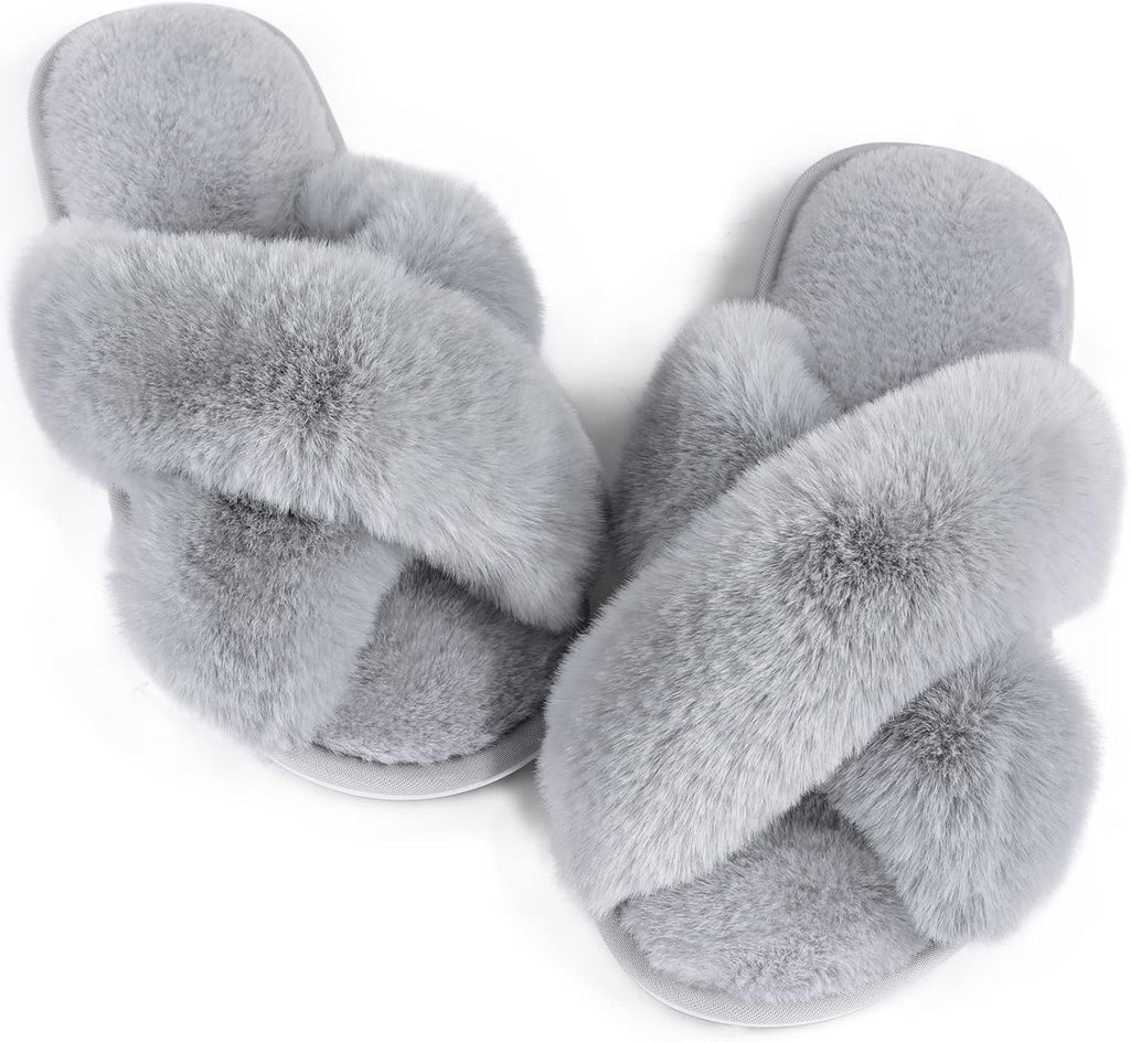 Womens Fuzzy Memory Foam Slippers Cross Band Cozy Plush Home Slippers Fluffy Furry Open Toe House Shoes Indoor Outdoor Slide Slipper