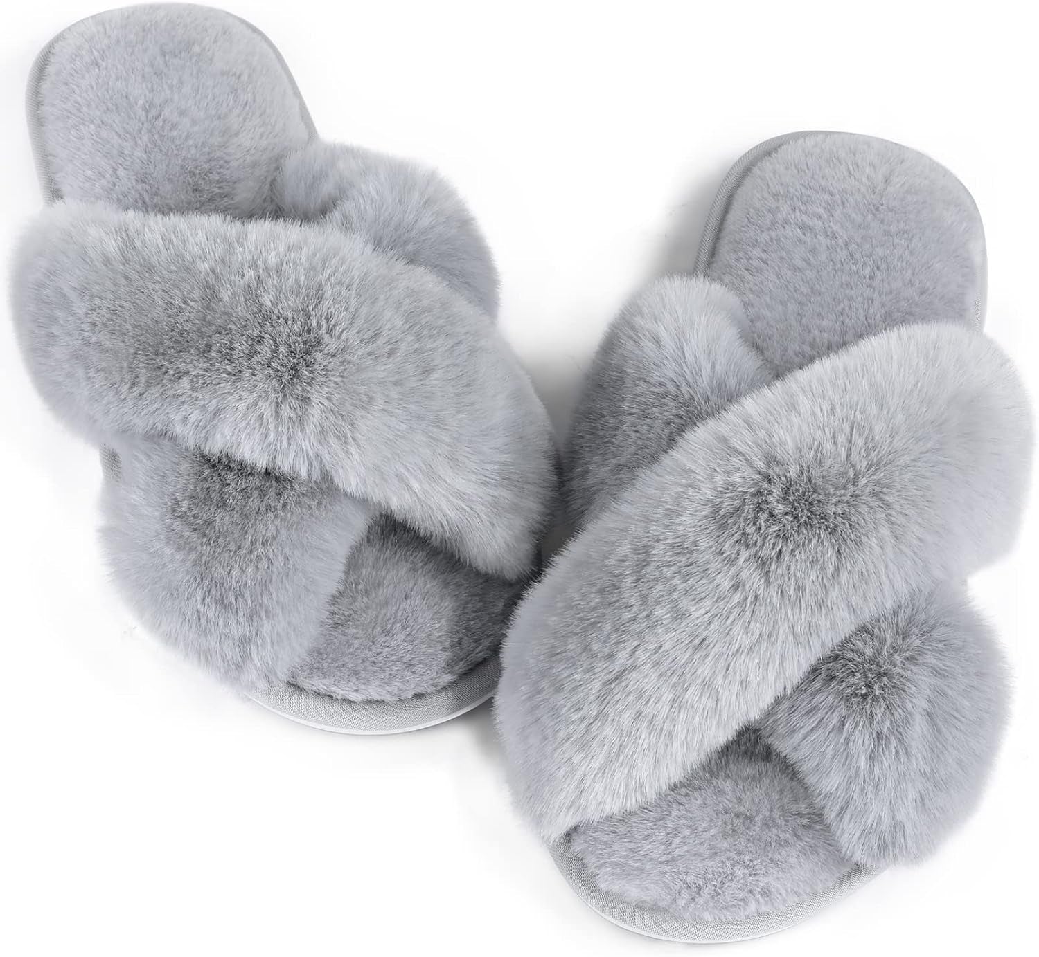Womens Fuzzy Memory Foam Slippers Cross Band Cozy Plush Home Slippers Fluffy Furry Open Toe House Shoes Indoor Outdoor Slide Slipper