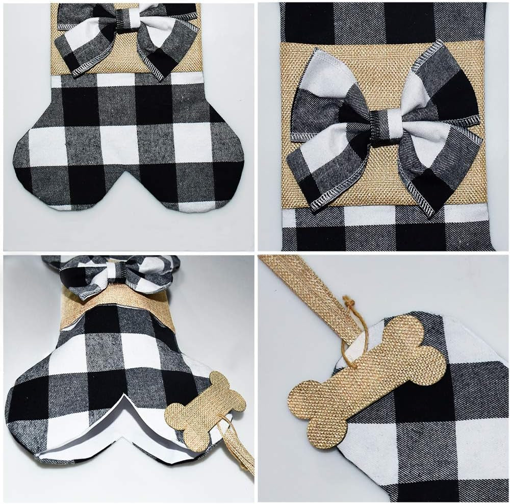 2 Pack Pet Dog Christmas Stockings Buffalo Black White Plaid Burlap Large Bone Shape Hanging Christmas Stocking for Dogs Pets
