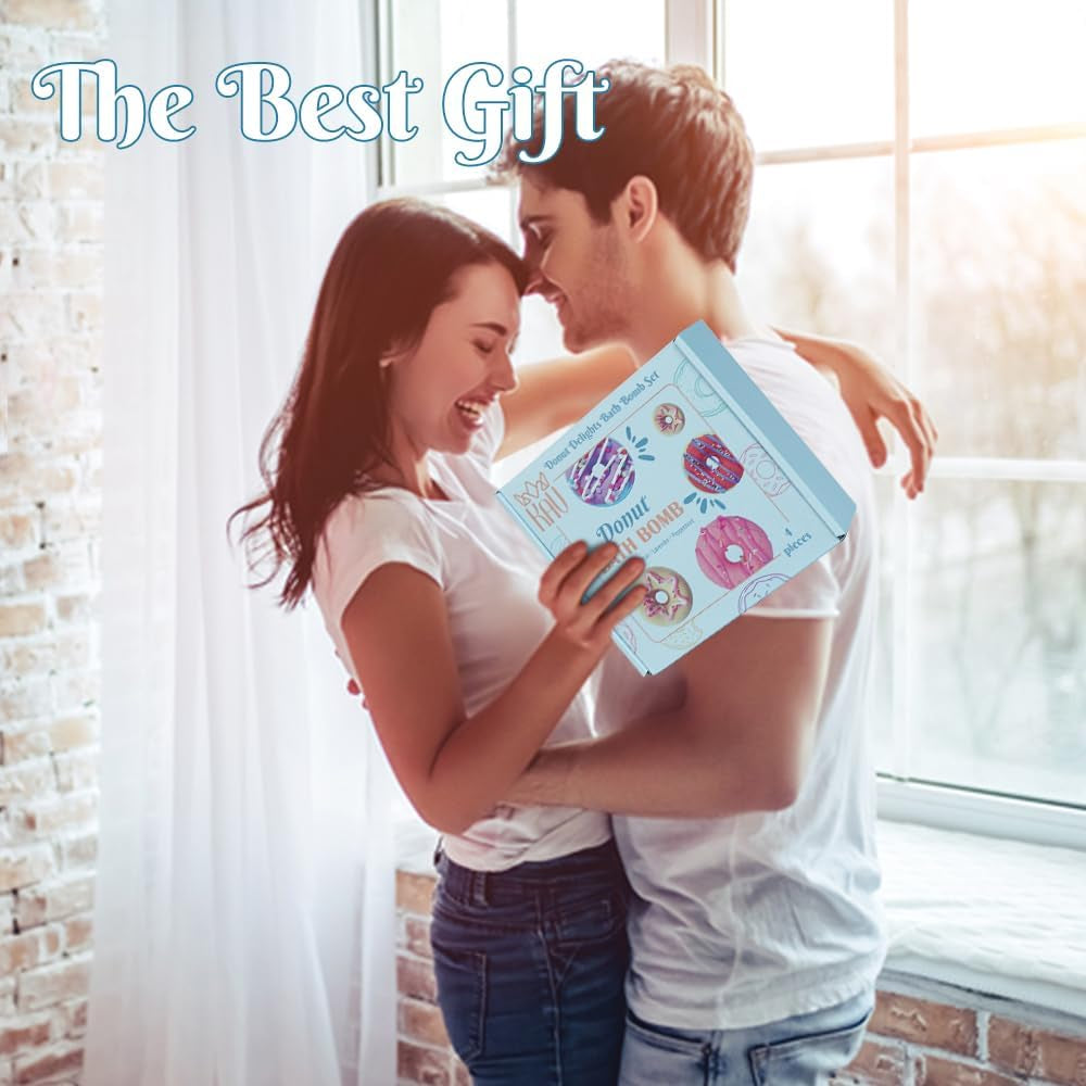 Donut Bath Bombs Gift Set – 4 Piece Handmade Organic Bath Bomb Kit with Essential Oils – Relaxation Spa Gift for Women, Men, Teens, Kids – Self Care & Aromatherapy Soak