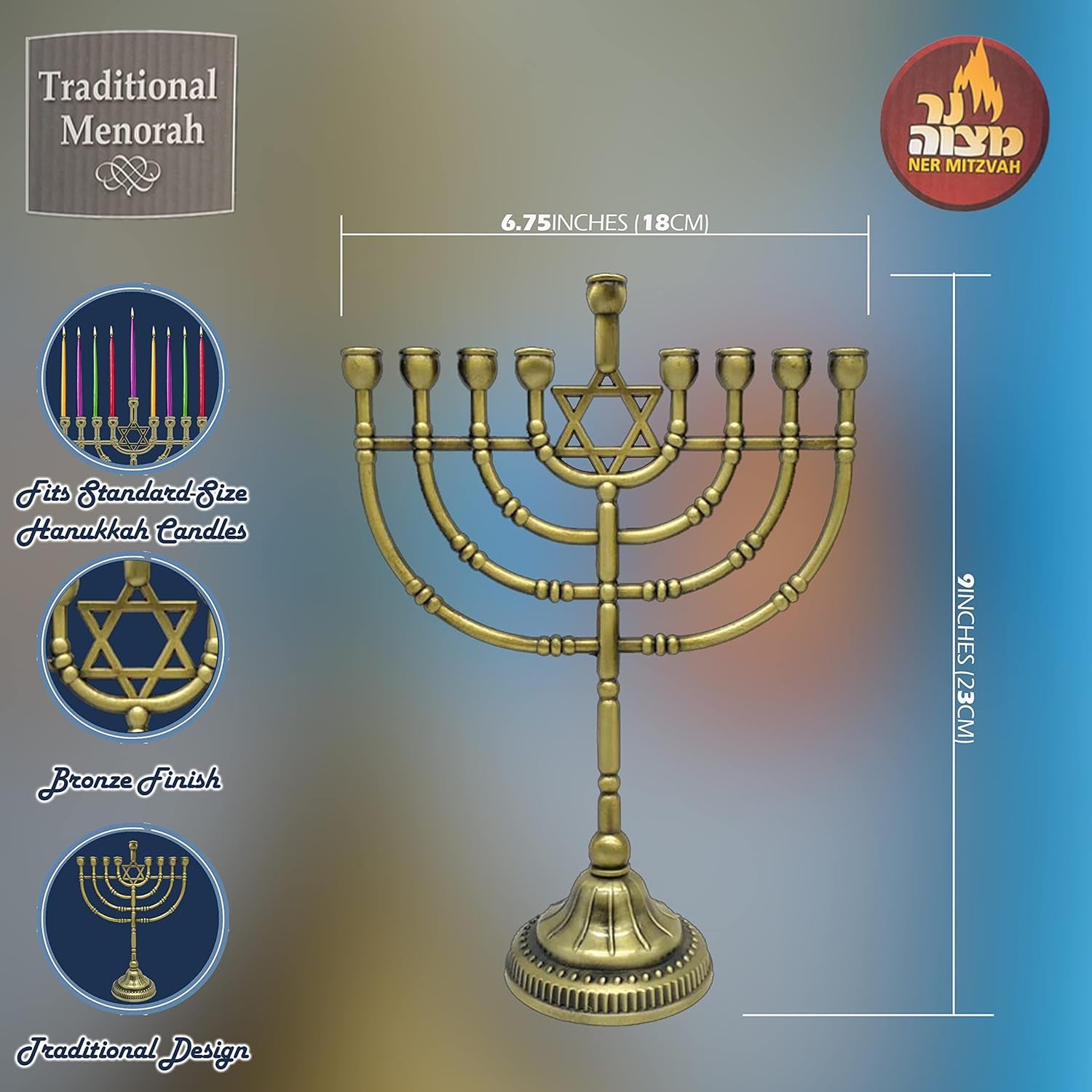 Traditional Bronze Candle Menorah - Chanukah Candles - 9" High