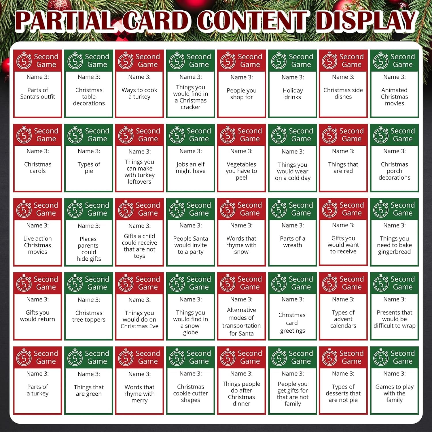 Christmas 5 Second Game, Christmas Party Games 72 Cards and 5 Second Hourglass F
