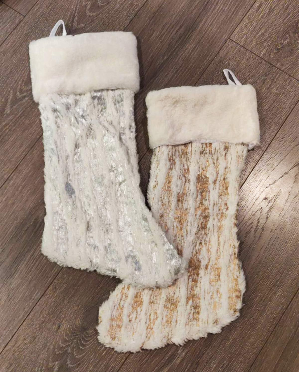 Holiday Brushed Foil Print Faux Fur Christmas Stocking 8 X 19 Inch - Gold Metallic Design Hanging Stocking for Home, Holiday Tree Decor, Indoor and Special Occasion
