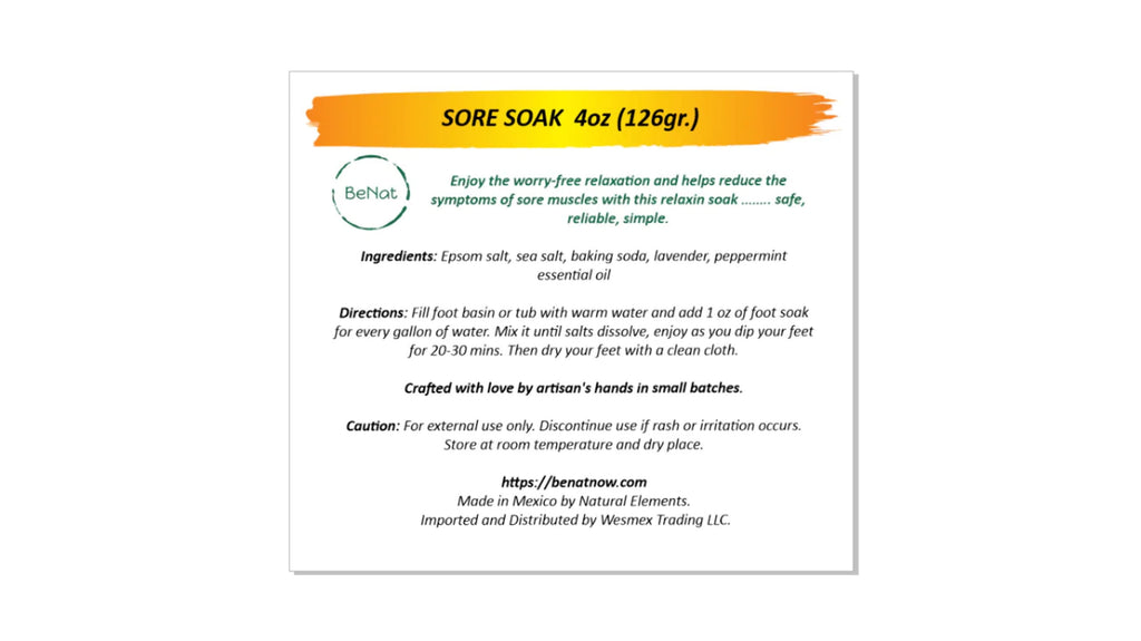 . Sore Soak. 4 Oz. Packed in an Eco-Friendly Bag with Bamboo Scoop.