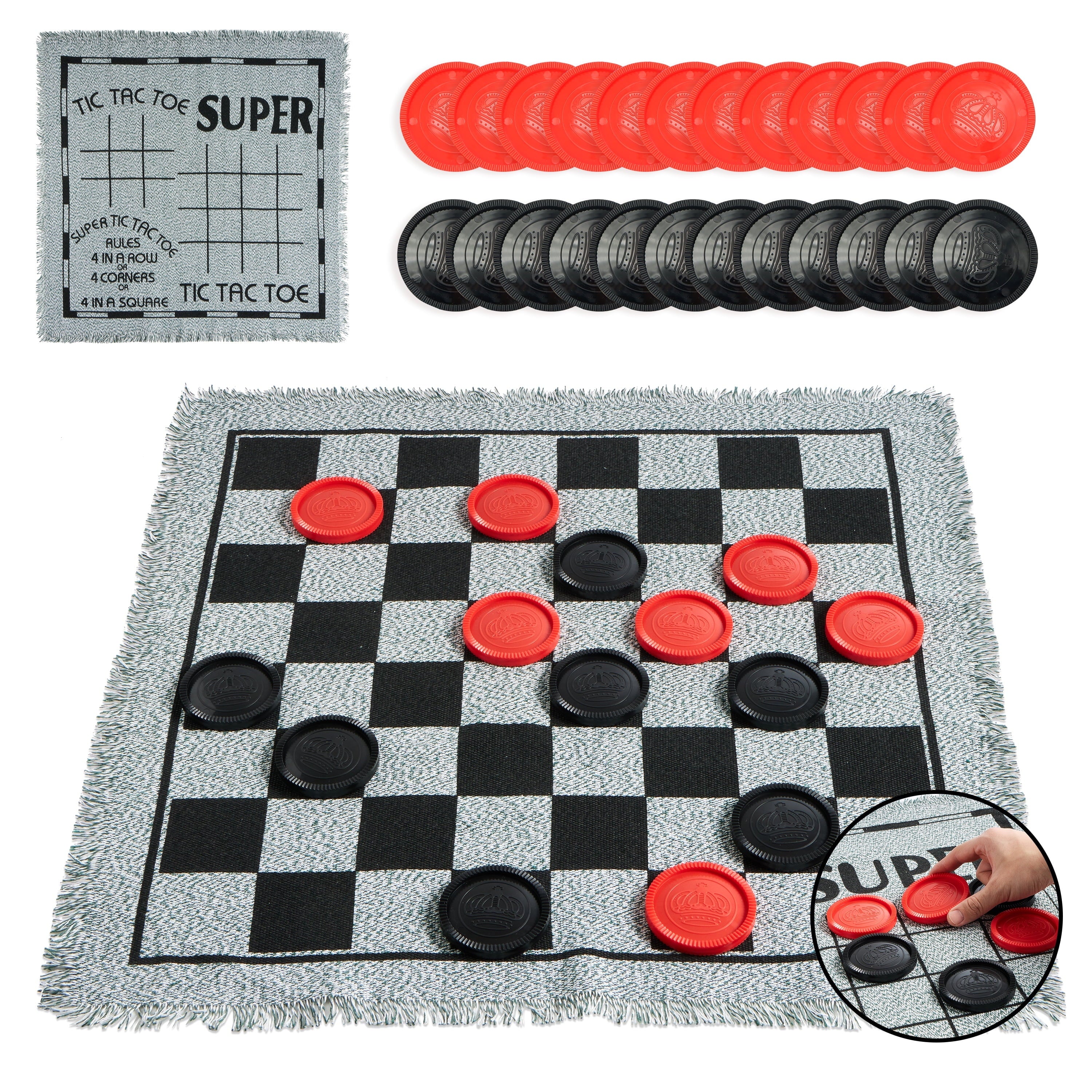 3-In-1 Vintage Giant Checkers, Tic Tac Toe Game, Indoor Outdoor Family Game for Kids and Adults