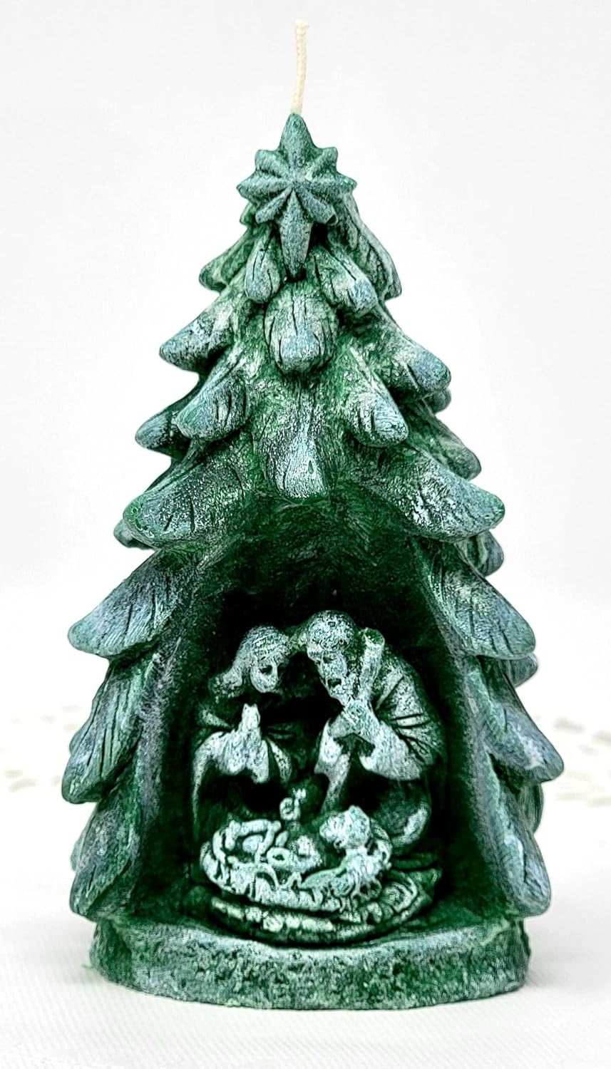 Christmas Tree Candle with Nativity- Nativity Scene Unique Christmas Gift (Pink)