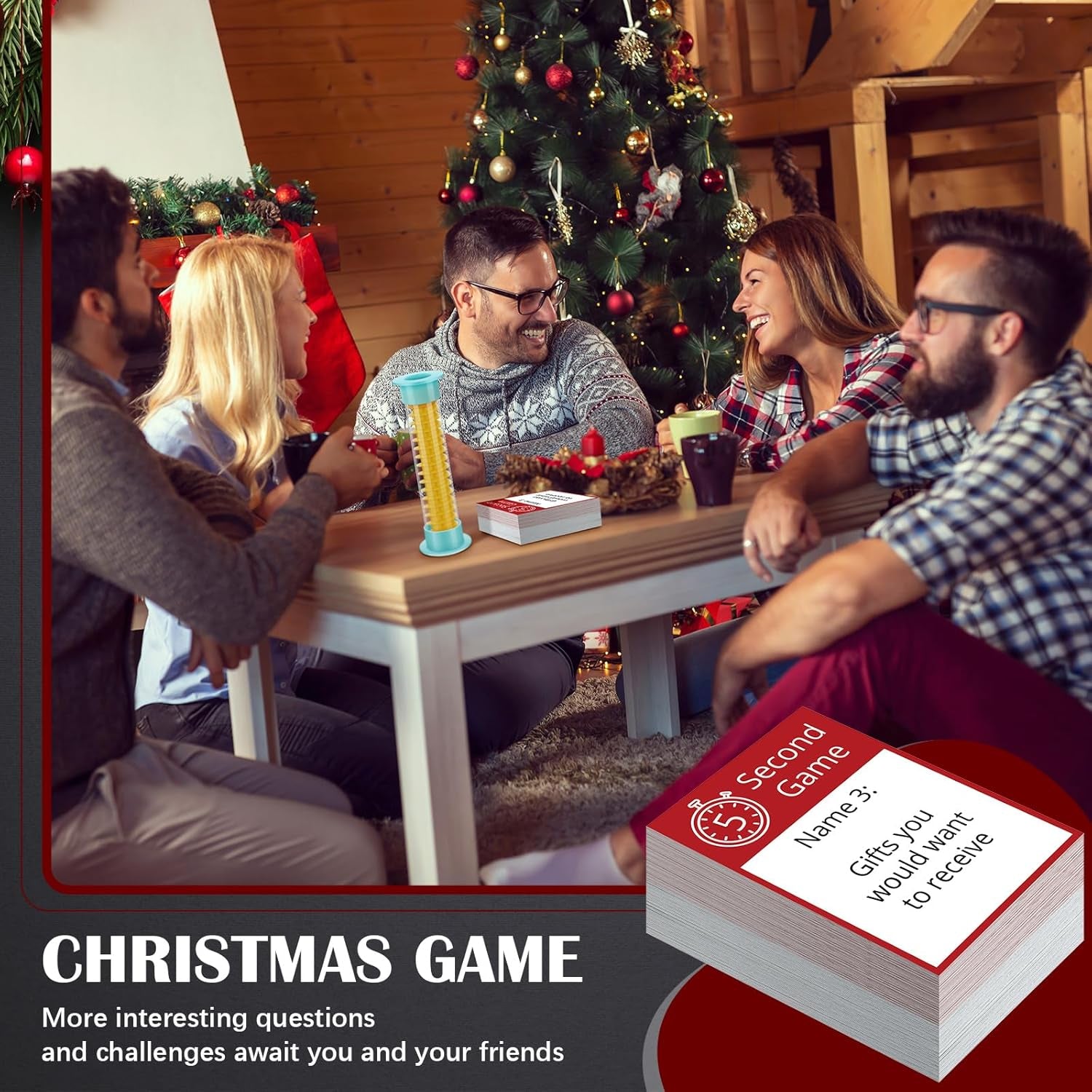 Christmas 5 Second Game, Christmas Party Games 72 Cards and 5 Second Hourglass F