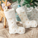 2PCS Plush Christmas Stockings White Faux Fur Large 56Cm Deluxe Hanging Xmas Stockings with Gold Sequin Snowflake for Christmas Fireplace Decorations Socks (White-G, 22Inches)