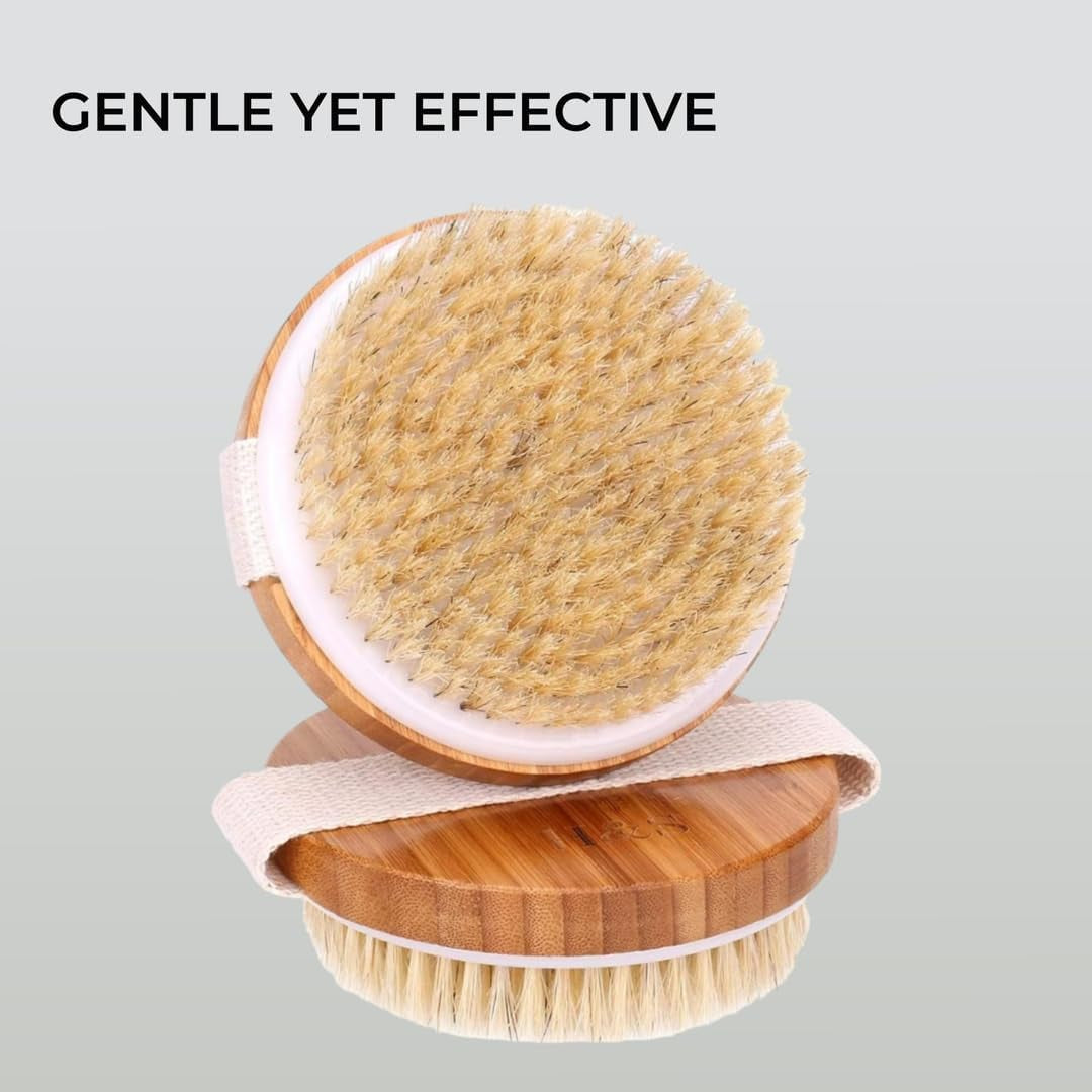 round Body Brush for Exfoliating Skin, 2 Pcs – Natural Bristles Cellulite Shower Scrubber for Wet & Dry Use