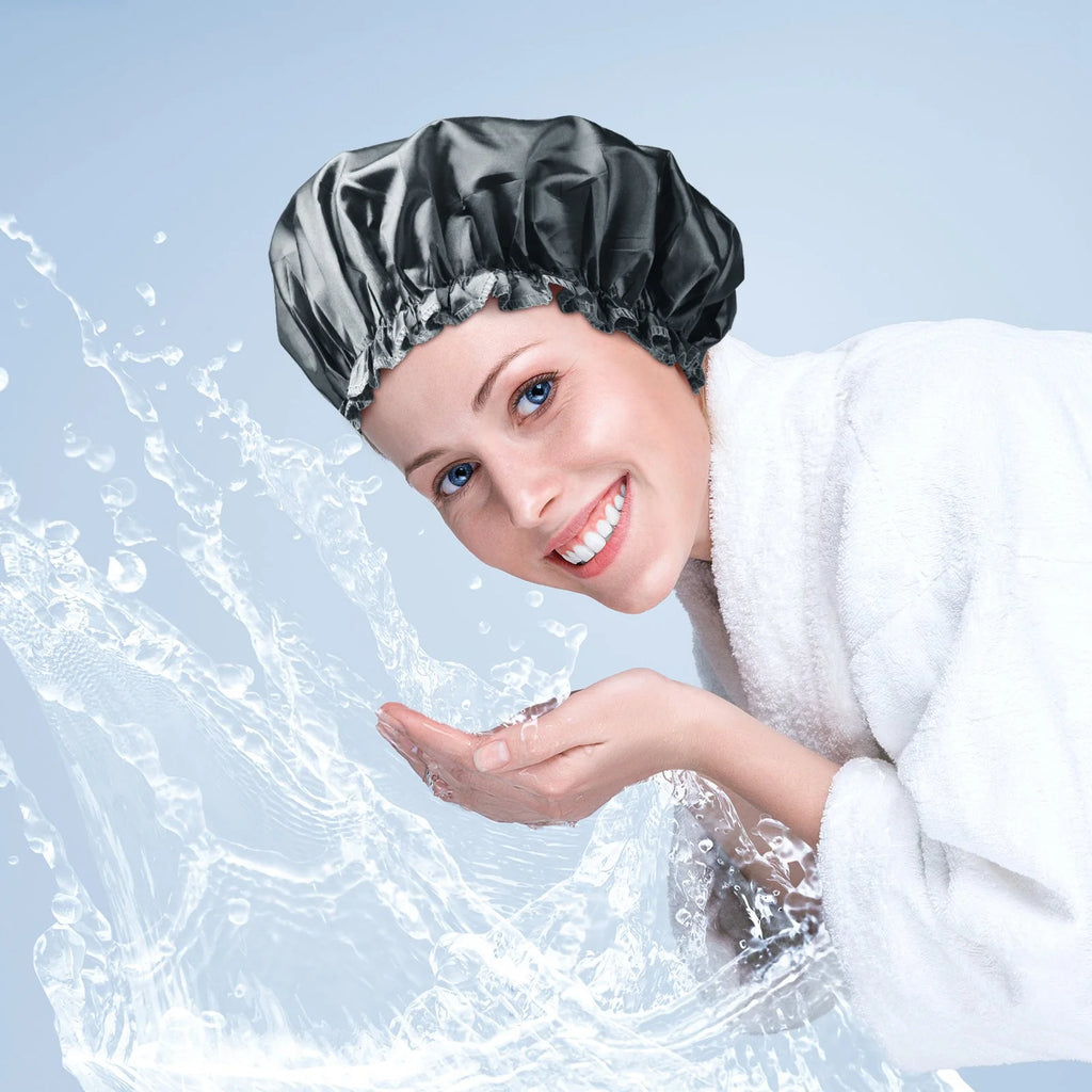 HEQUSIGNS 3 Pcs Satin Shower Cap, Double Layer Washable Shower Cap, Adjustable Elastic Band Bath Cap for Women Girls