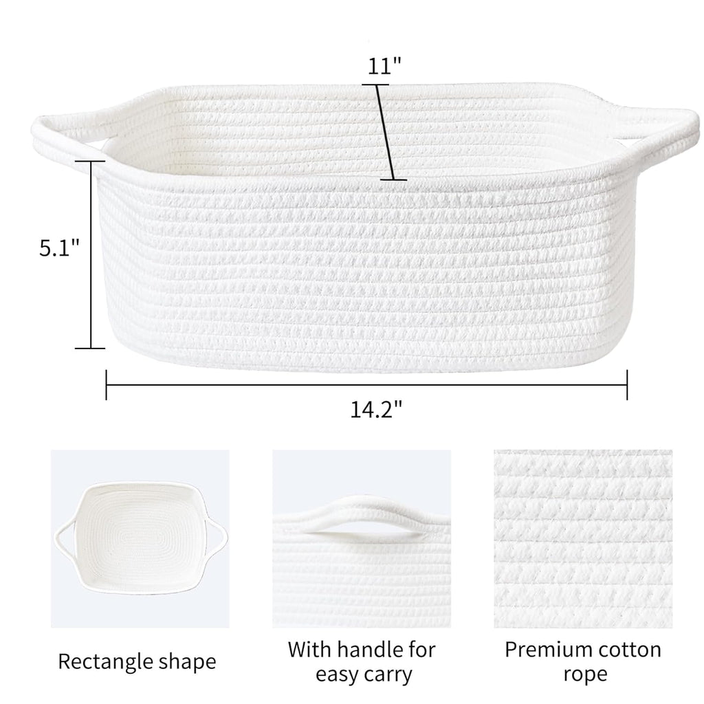 Small Storage Basket with Handles, Cotton Rope Woven Dog Cat Toy Bin, Decorative Shelves Closet Organizing for Nursery Laundry Bedroom, 14.2''X 11''X 5.1''