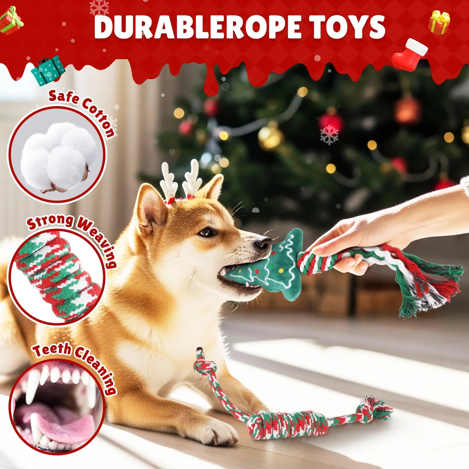 Christmas Dog Toys, Puppy Chew Toy for Teething and Training with Gift Bag, Tough Xmas Gift Plush Squeaky Toy for Small Dogs