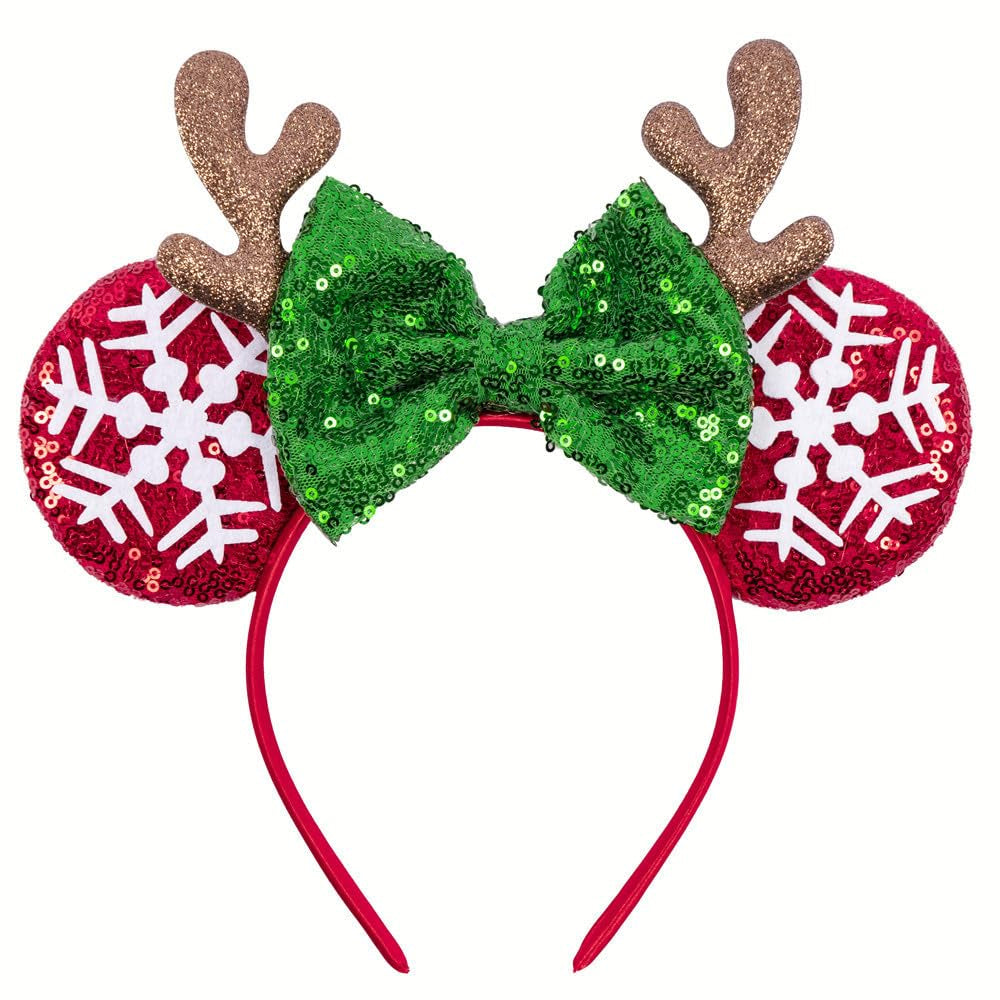 1 Pack Christmas Snowflake Headbands Mouse Ears Hairband Elk Antler Hair Hoop Green Red Glitter Sequins Bow Headband Hair Ornament for Christmas Cosplay Princess Dress up Party Hair Accessories