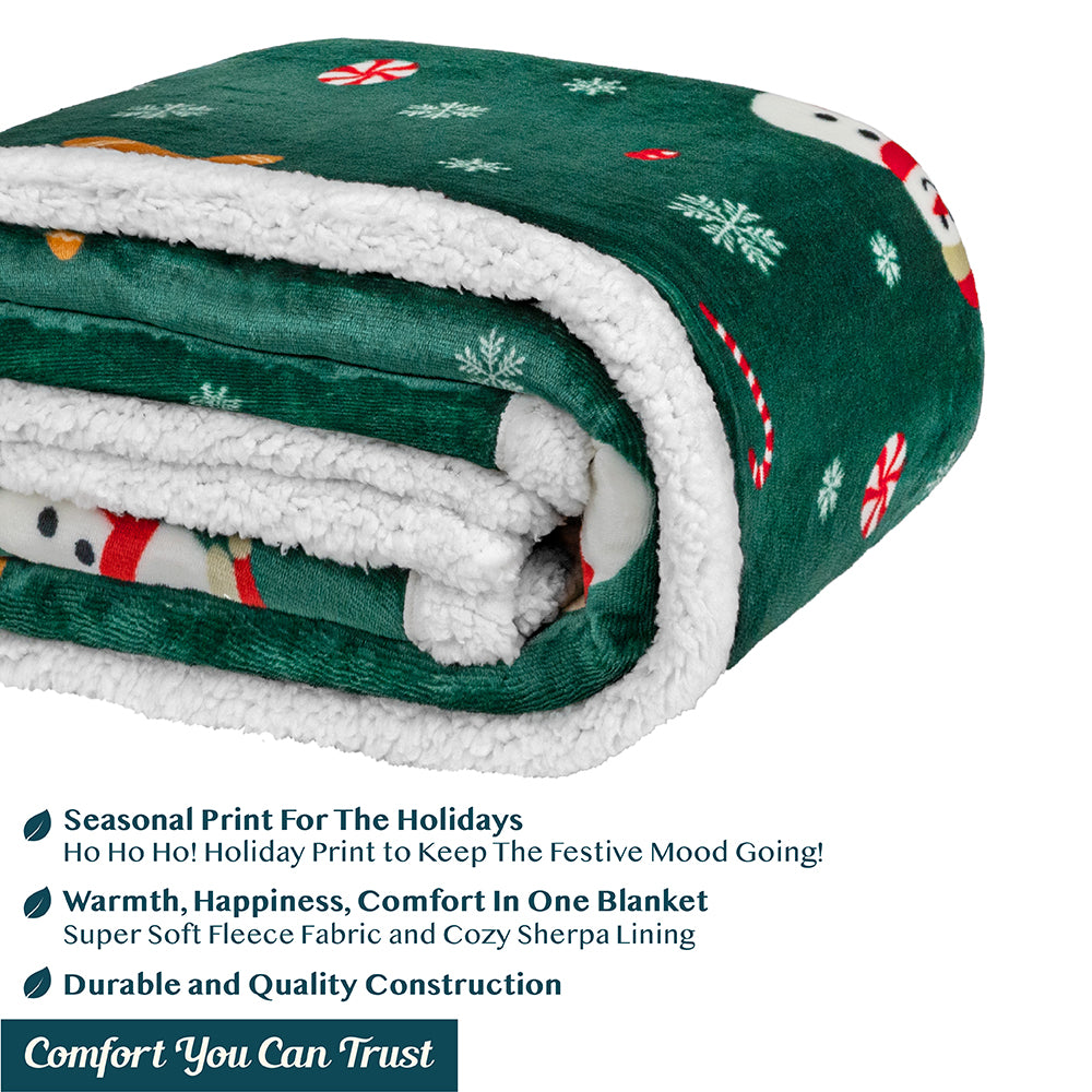 Christmas Blanket Holiday Theme Print Warm Sherpa Fleece Throw Sofa Couch Bed