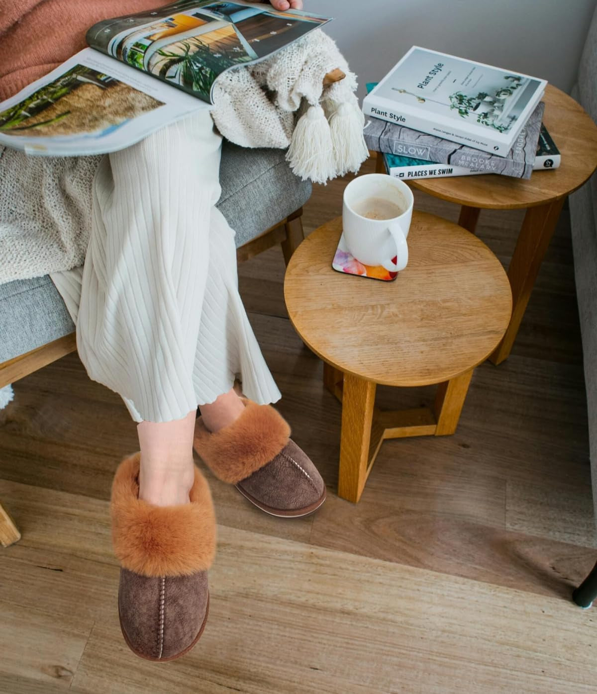 Womens Fluff Dual Memory Foam Slippers Ladies Cozy Arch Support Warm Scuff Slippers Slip on Comfy Winter House Shoes with Non-Slip Indoor Outdoor Hard Sole