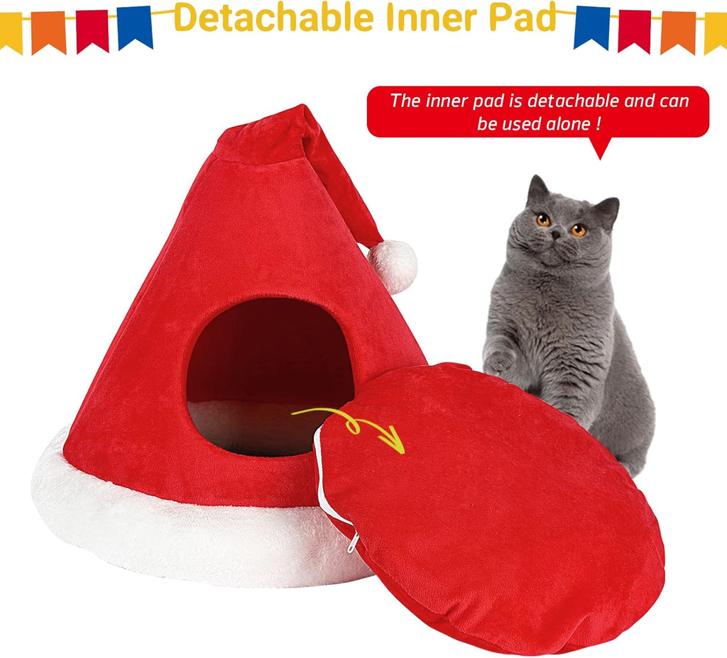 Cat Bed Christmas Hat Cat Tent House Self-Warming 2 in 1 Removable Comfortable Triangle Pet Teepee Xmas Dog Cave in Winter (Red)
