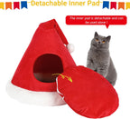 Cat Bed Christmas Hat Cat Tent House Self-Warming 2 in 1 Removable Comfortable Triangle Pet Teepee Xmas Dog Cave in Winter (Red)