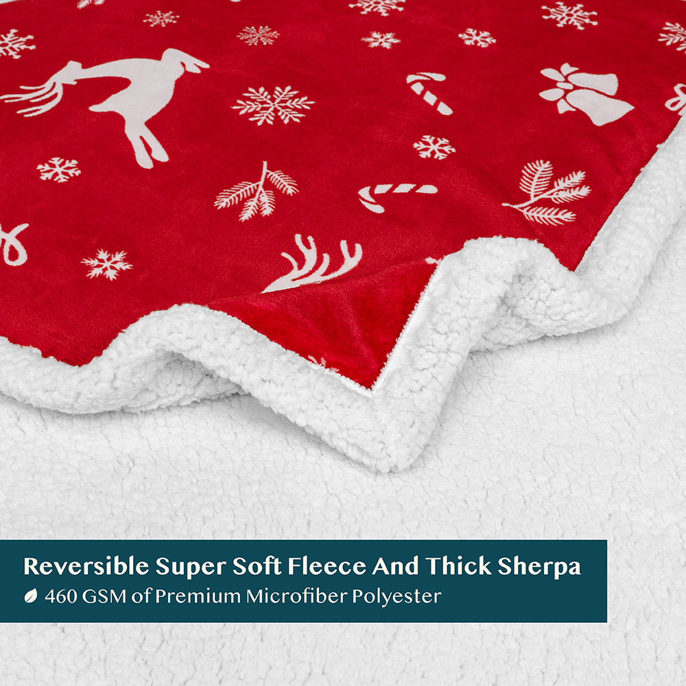 Christmas Blanket Holiday Theme Print Warm Sherpa Fleece Throw Sofa Couch Bed