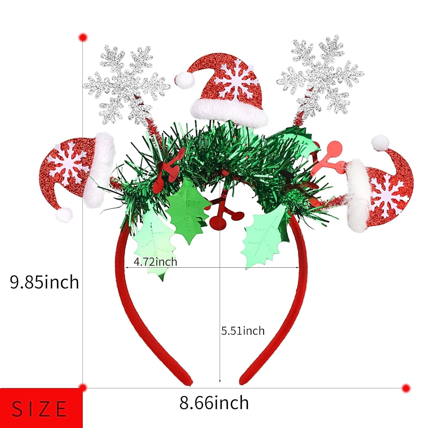Christmas Headband Cute Christmas Hat Snowflake Hair Bands Glitter Green Tassel Head Bopper Sparkle Christmas Tree Hair Hoop for Women Girls Xmas Holiday New Year Party Headwear Accessories Gift 1PCS