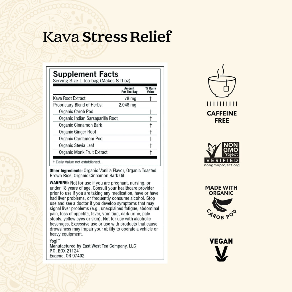 Tea Kava Stress Relief, Caffeine-Free Herbal Tea Bags, 16 Count
