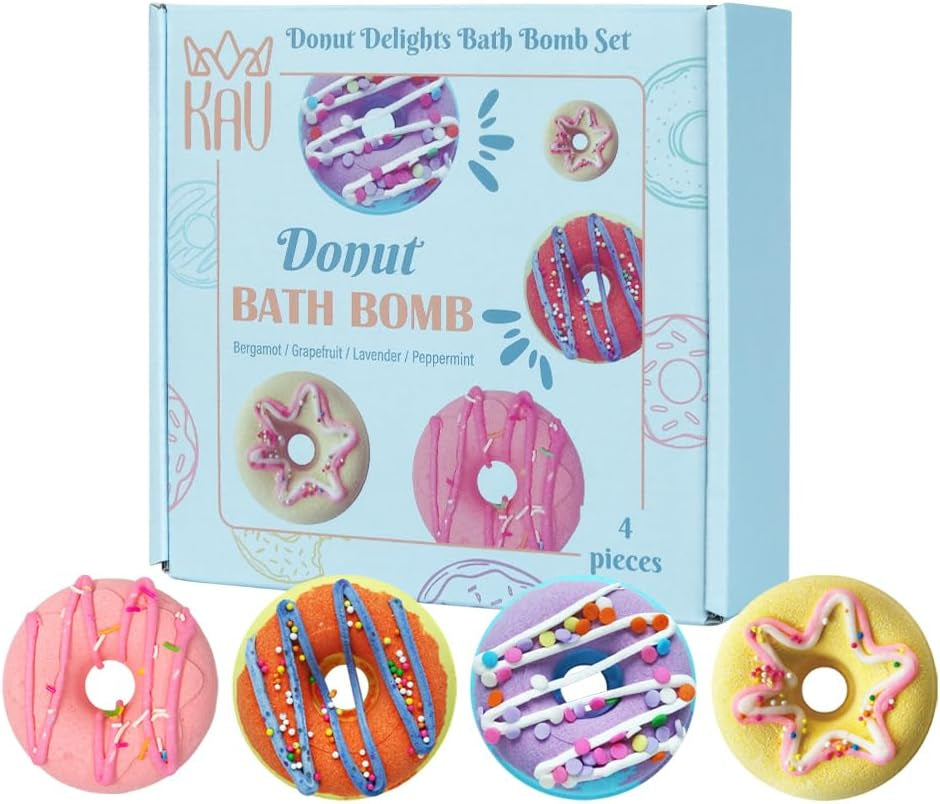 Donut Bath Bombs Gift Set – 4 Piece Handmade Organic Bath Bomb Kit with Essential Oils – Relaxation Spa Gift for Women, Men, Teens, Kids – Self Care & Aromatherapy Soak