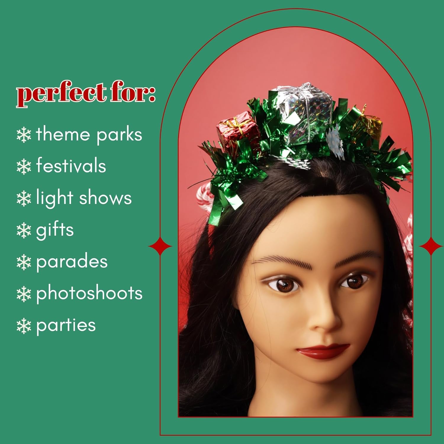 Tinsel Christmas Headband with Presents, Festive Hair Accessory for Women, One Size Fits Most, 6.25 X 7.25 Inches