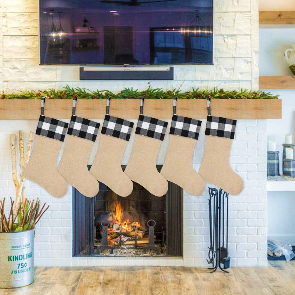 6 Pack Burlap Christmas Stockings- 18 Inch Big Christmas Stockings with Buffalo Check Cuff Fireplace Hanging Stockings for Family Christmas Decoration Holiday Season Party Decor