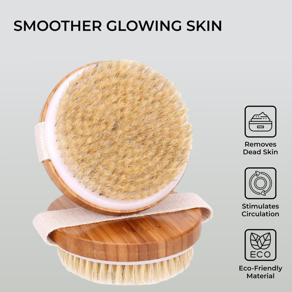 round Body Brush for Exfoliating Skin, 2 Pcs – Natural Bristles Cellulite Shower Scrubber for Wet & Dry Use